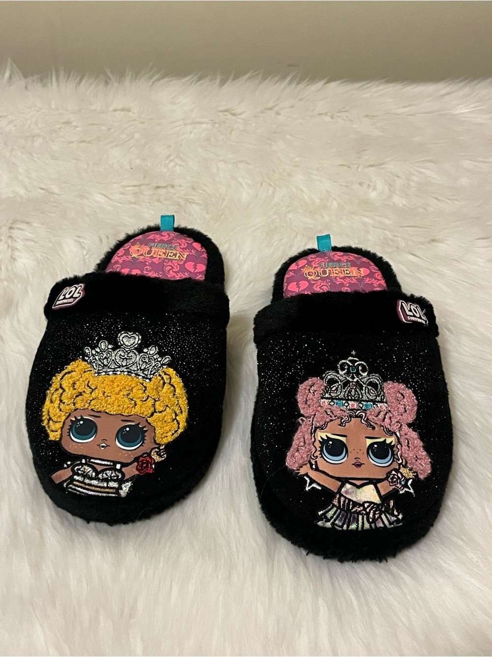 L.O.L. Surprise! Black Kids Plush Slippers with Pink and Yellow Doll Appliqué